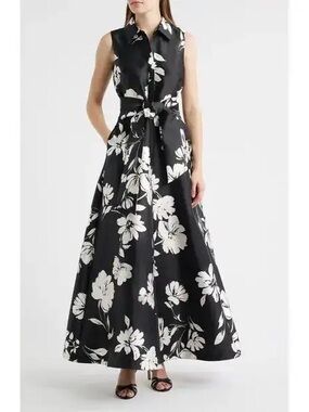 Julia Jordan Sleeveless Black & White Floral Maxi Dress with Tie Waist